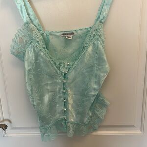 Vintage Camisole Lauren Alexandra  Faux Pearl Buttons Silky Satin Aquam